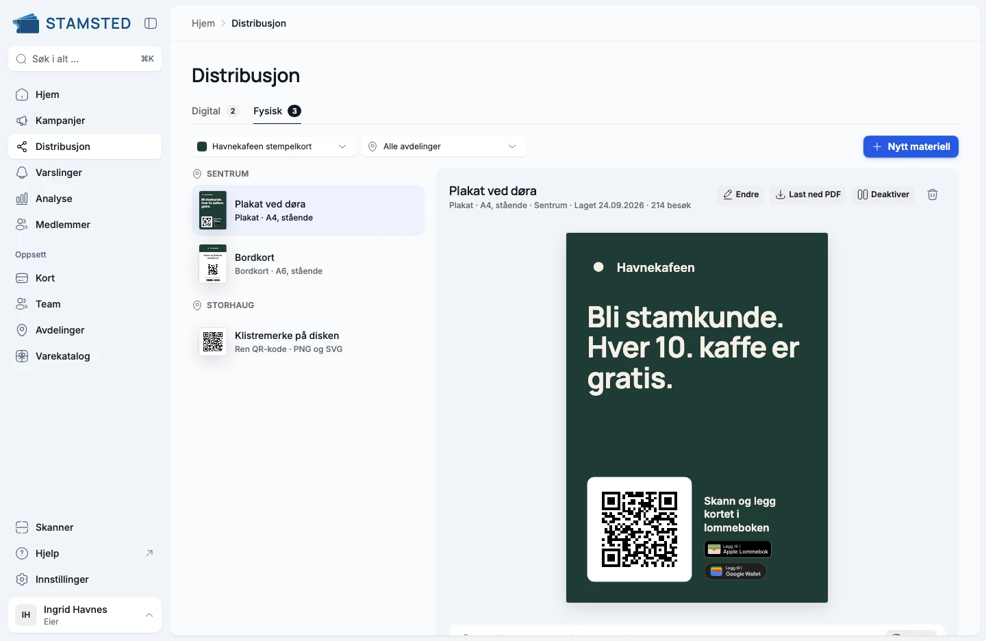 Distribusjon i partnerportalen: materiellet per avdeling, og plakaten ved døra med besøkene den har gitt