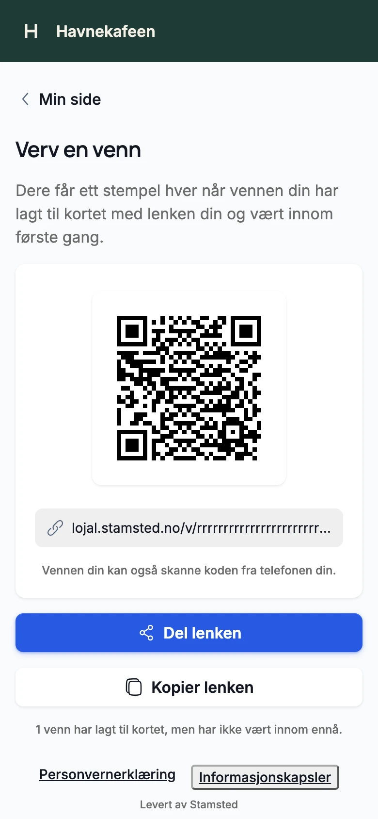 Min side på telefonen: Verv en venn, med QR-kode, vervelenken og knappen Del lenken